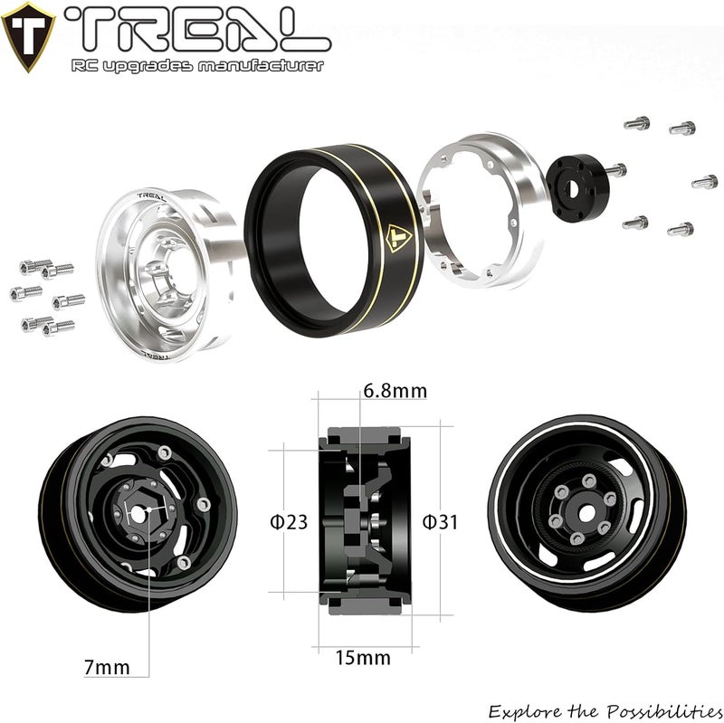 Treal SCX24 Wheels 1.0" Beadlock Wheels(4P) Vintage for 1/24 SCX24 Bronco Gladiator C10 Deadbolt -Type E (Silver) - Image 5
